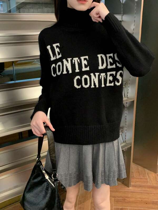 Loose Fit Letter Graphic High Neck Pullover Sweater For Women, Autumn/Winter