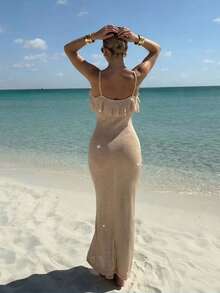 女士荷叶边性感透视休闲沙滩亮片罩衫连衣裙 - 卡其色 - 查看 6