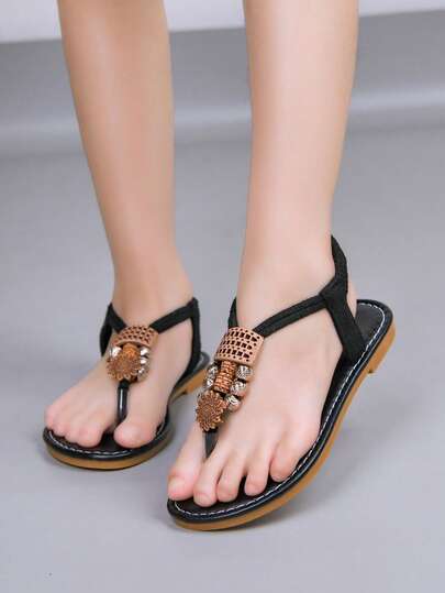 Beaded Woven Flat Sandals With Ankle Strap, Casual Summer Bohemian Sandals, Plus Size