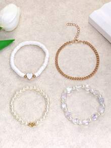 心形串珠手链套装 4 件装 珍珠聚合物粘土手工制作 儿童女孩青少年饰品 生日派对礼物 - 彩色 - 查看 7