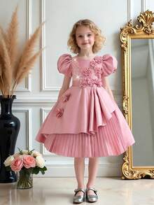 Young Girls' Short Sleeve 3D Floral Sequin Satin Elegant Birthday Party Princess Dress, Suitable For Flower Girl, Wedding, Banquet, Excludes Headband - Bụi hồng - Xem 4