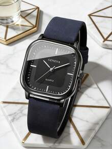 5pcs/Set Minimalist Business Men's Watch Set, Men's Quartz Watch Series, Includes 1 Black Frame Square Dial Quartz Watch (Black/White Dial With Black/Brown/Navy Blue Strap). Simple And Clean Design, Low-Key And Refined, Showcasing Fashionable Charm. - Multicolor - View 3