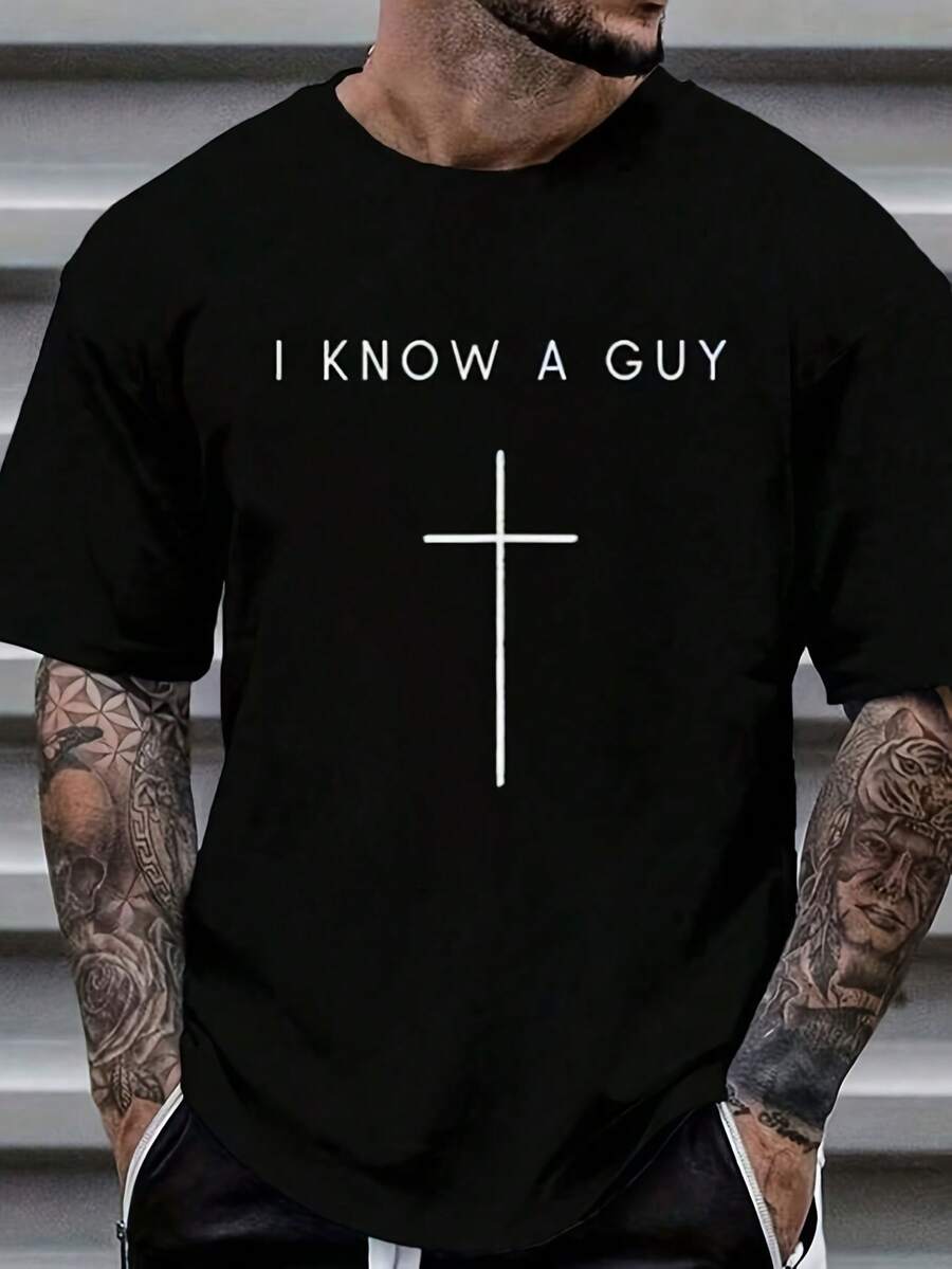 I Know A Guy - Minimalist Christian Religious Jesus T-Shirt Women's Men's Graphic Tee Ca Vintage Shirts Graphic Tees Men Camisas Para Hombre Funny Shirts Men Tops For Summer - 黑色 - 查看 1