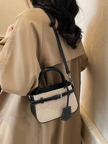 Casual Colorblock Textured Versatile Commuter Retro Small Handbag, Metal Clasp Closure, Women's - Black - View 4