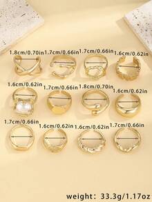 12pcs Fashionable Pearl & Geometric Golden Smooth Ring Set - Yellow Gold - View 4