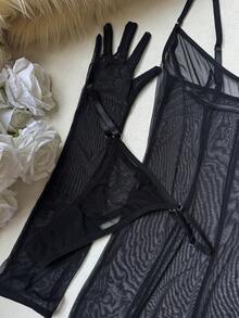 Bộ đồ lót lưới xuyên thấu dành cho nữ, kèm dây nịt và găng tay. - màu đen - Xem 7
