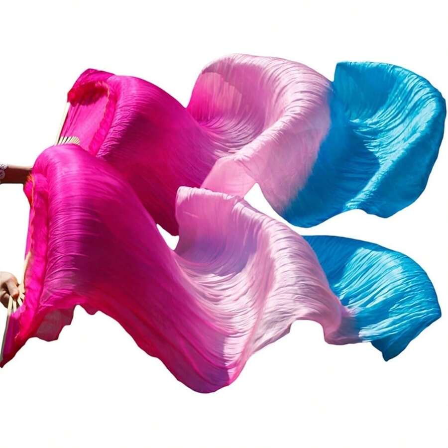 1 Pair(Left+Right) Belly Dance Fan Artificial Silk Fans,Colorful Dancing Fabric Fans,Long Folding Belly Dance Fans Dancing,Length 180cm Width 90cm - 玫瑰漸變藍 - 查看 1