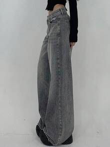 Women's High-Waisted Wide-Leg Jeans - Vintage Washed Denim Pants | Baggy Relaxed Fit Stylish Trousers (Multiple Colors Available, Ideal For Casual Daily Wear & Street Style) - Xám - Xem 3