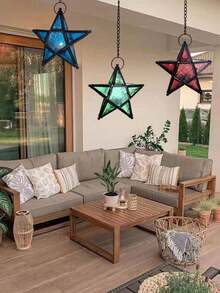 1 pieza Elegante soporte de hierro colgante con forma de estrella de vidrio para vela, Portavelas de té con estrella de 5 puntas vintage a prueba de viento, Adecuado para decoración del hogar, jardín, restaurante, patio
