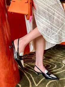 女士尖头法式小猫跟无后跟凉鞋，新款乐福高跟一脚蹬鞋