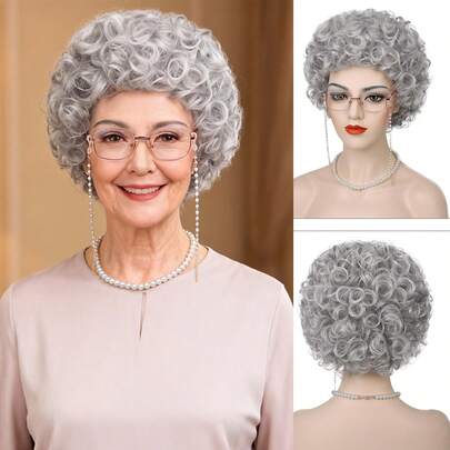 Oma pruik en accessoires set, oma kostuum pruik set, geschikt voor de eerste schooldagen, zilvergrijze krullende oma pruik, hittebestendige synthetische grijze damespruik, geschikt voor rollenspel, Halloweenfeest