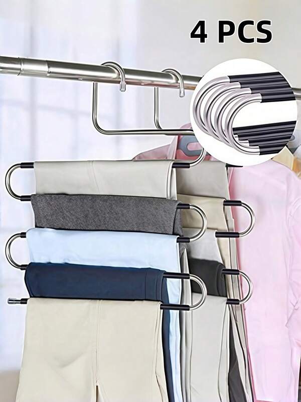 4 piezas Colgadores de pantalones, Estante organizador de pantalones, Perchero de acero inoxidable de 5 niveles | Organizador de prendas de acero inoxidable de alta resistencia para pantalones, faldas, bufandas, accesorios, corbatas, cinturones y talla grande. Almacenamiento de armario, Organizador de ropa, Organización de almacenamiento, Artículos esenciales para el hogar, Regalo de inauguración de la casa, Adecuado para todas las estaciones