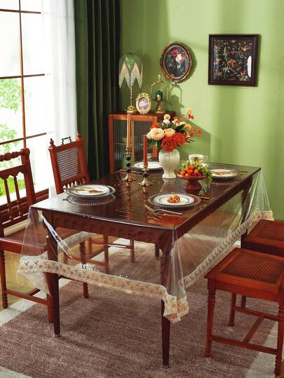 Gold Transparent Waterproof PVC Tablecloth With Lace Trim - Elegant Glamorous Party Wedding Table Cover, Kitchen Dining Decor, Holiday Celebration, Reusable Wrinkle-Free (Easy Clean, Home Decor)/Oil-Resistant/Foldable & Portable/Birthday Party Decorations