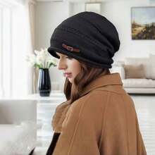1pc Knitted Knitted Hat, Women Thickened Fashion Versatile Beanie, Autumn/Winter - Black - View 3