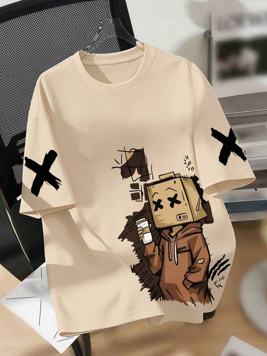 1pc Tween Boys' Loose Fit Round Neck T-Shirt, Personalized Cartoon Square Tip Pattern, Soft Comfortable Fabric, Suitable For Daily Play, Casual Outings And Relaxed Spring/Summer Gatherings - Apricot - View 1