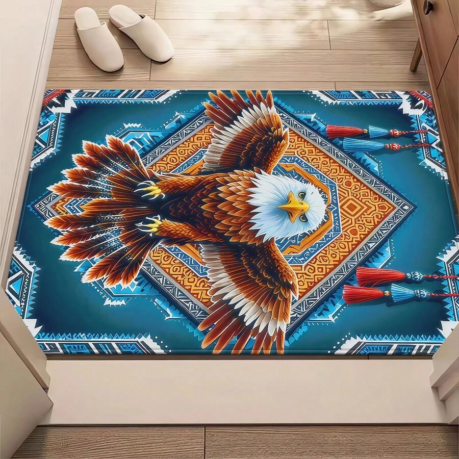 800g/M² Heavy Duty Turquoise Eagle Pattern Mat - Large Non-Slip Absorbent Washable Polyester Mat, Suitable For Outdoor, Bathroom, Camping, Yoga, Living Room - Turquoise Blue Southwest Design With Eagle Pattern - 彩色 - 查看 1
