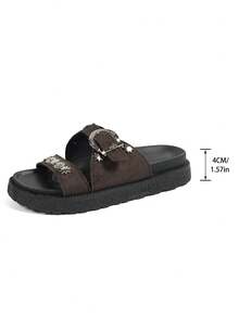Solid Color Rivet Decor New Fashion Metal Buckle Decor Open Toe Platform Slide Sandals, Comfortable Versatile Beach Slippers Suitable For Daily Wear - Coffee Brown - View 8