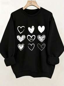 Women's Valentine's Day Heart Print Sweatshirt - Soft Stretchy Pullover Sweater, Cozy Casual Round Neck Long Sleeve Blouse, Light Beige-Friendly For F - 黑色 - 查看 12