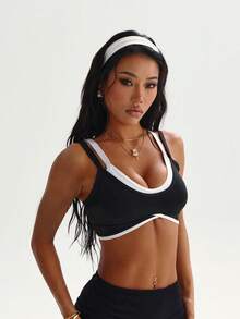 Women's Fashion Black & White Removable Padded Criss-Cross Neck Sports Knit Bra - Black and White - View 5