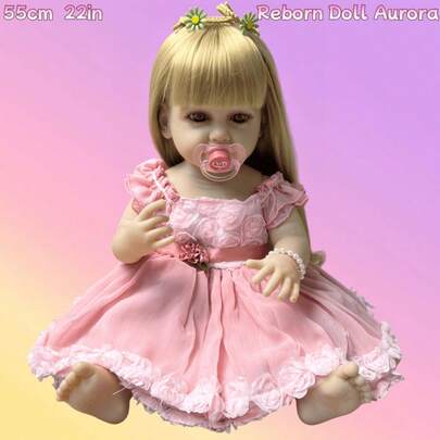55cm Reborn Doll | Vinyl Material, Golden Hair & Pink One-Piece Dress | With Full Accessories Set | Perfect Holiday & Companion Gift