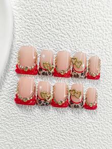 10pcs Minimalist Valentine's Day Nail Stickers, Acrylic Nail Art Set, Champagne Color Rhinestones, Heart Decor, Leopard Print Design, White Star Nail Stickers, Includes Nail File (1pc Jelly Sticker + 1pc Nail File), 3 Sizes: Almond, Duck Mouth, Coffin, Suitable For Commute, Valentine's Day, New Year, Party, Winter Holiday & Daily Wear Nails Nail Supplies Handmade Press On Nails - 彩色 - 查看 12