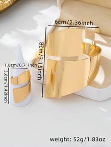 2pcs/Set Exaggerated Gold Metal Wide Bangle Bracelet & Ring Jewelry Set, Vintage Design Accessories For Women, Suitable For Daily Wear, Vacation, Party And Other Occasions - Gold - View 5