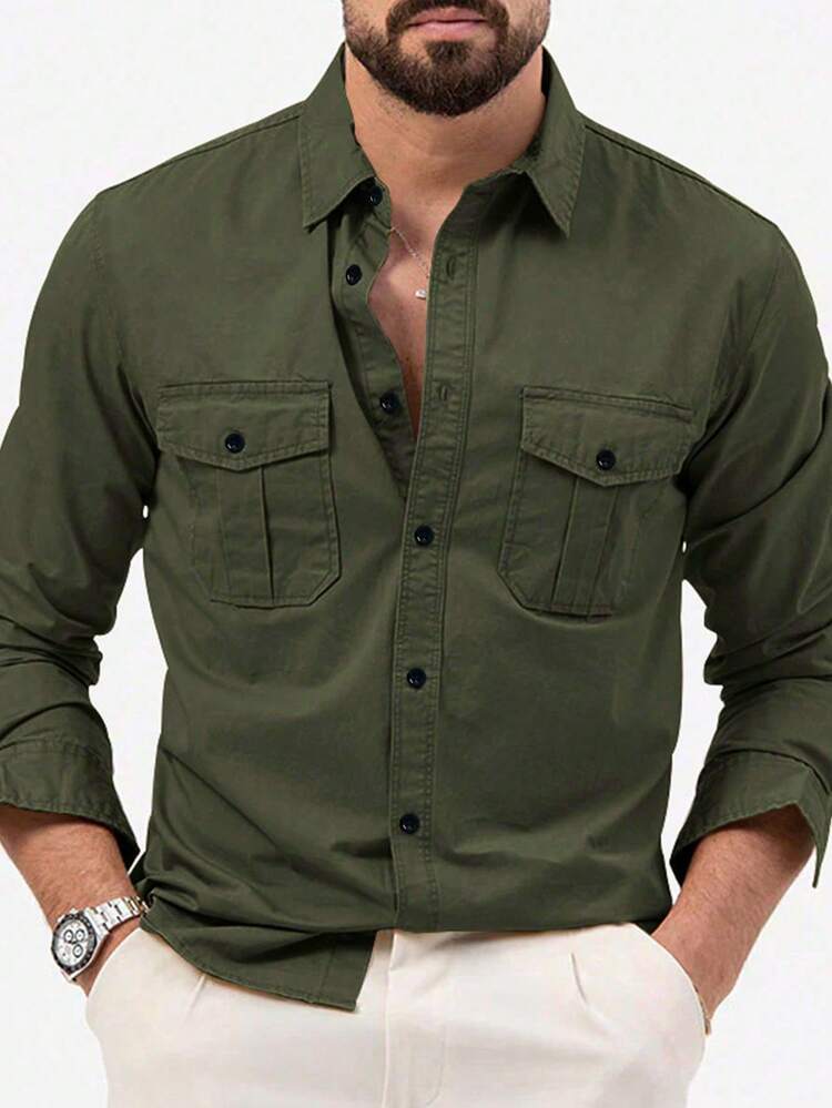 Camisa de vestir de manga larga de unicolor versátil para hombre, casual de negocios, otoño - Verde - Ver 1