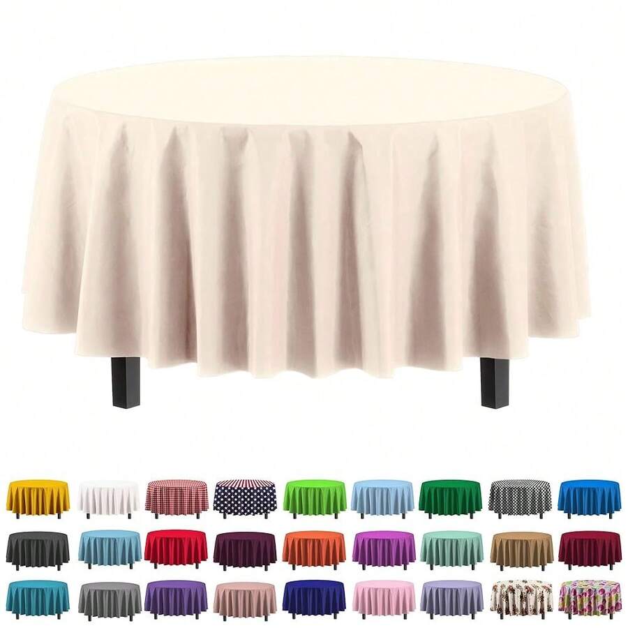 Party Solids 12-Pack Premium Plastic 84-Inch Round Tablecloth, Ivory - Ivory - View 1