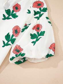 Acelitt Cămașă bej cu imprimeu floral, decolteu în V, mânecă scurtă, lejeră, de vară - Multicolor - Vizualizare 6