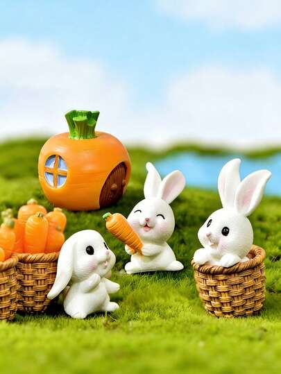 7pcs Mini White Rabbit Decorations, Cartoon Animal Cute Rabbit Garden Ornaments, Carrot Cute Rabbit Micro Landscape Resin Figurines, Easter Decorations Party Supplies