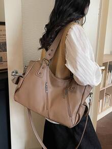 防水商务休闲PU手提包，多口袋设计，带隔层，多功能单肩斜挎包，适合年轻女孩、女大学生、白领和职场新人，完美适用于工作、商务通勤、购物、户外旅行和上学，大容量女士手提包 - 卡其色 - 查看 2