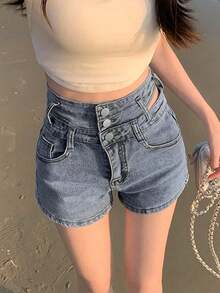 New Y2K Style Solid Color Hollow-Out High Waist Women Denim Shorts Casual Summer - Blue - View 2