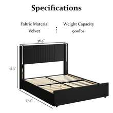 Queen Bed Frame With Headboard, Velvet Upholstered Platform Bed With Channel Tufted Headboard, Chrome Finished Wing Edge, Wooden Slats, No Box Spring Needed, Easy Assembly, Full/ Queen/ King, Black/ Grey/ White - 黑色 - 查看 7