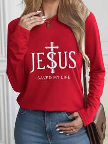 Jesus Saved My Life Black Long Sleeve Top - White Text Cross Design, Casual Christian Faith T - Shirt, Perfect For Daily Wear & Church, Unique Religious Gift With Dollar - Sign Cross-Cool & Chic Women's Long-Sleeve Hoodie - 紅色 - 查看 1