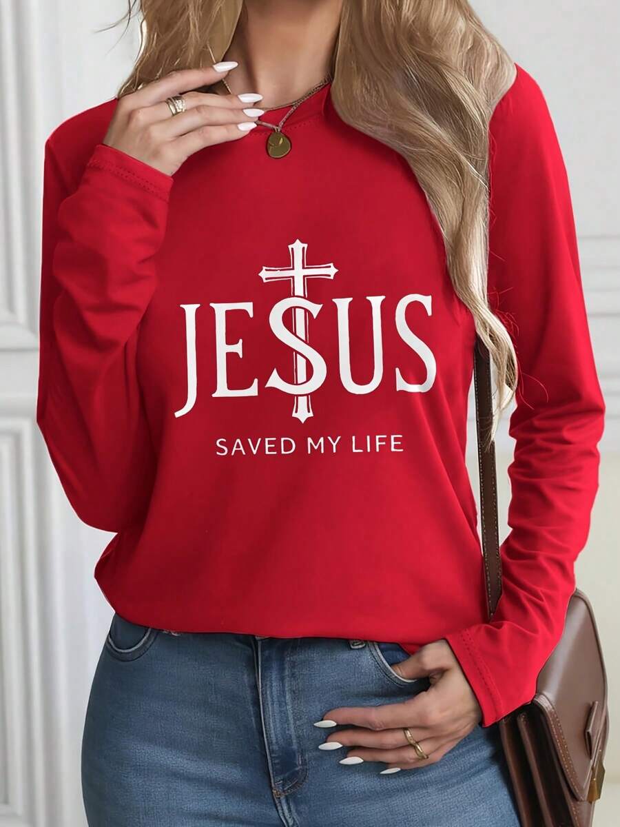 Jesus Saved My Life Black Long Sleeve Top - White Text Cross Design, Casual Christian Faith T - Shirt, Perfect For Daily Wear & Church, Unique Religious Gift With Dollar - Sign Cross-Cool & Chic Women's Long-Sleeve Hoodie - 紅色 - 查看 1
