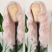 13X4 Light Blue Long Body Wave Lace Front Wig 28" Long Wavy Wigs Glueless Free Part Blue Wavy Hair Adjustable Straps & Combs Heat Resistant Blue Loose Wave Synthetic Hair Replacement Wigs For Women For Daily Wear Parties & Special Occasions - 淡粉紅色 - 查看 5