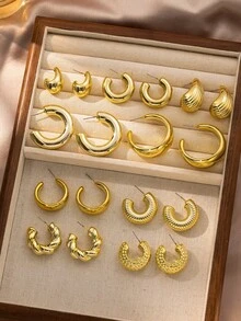 6/18pcs Thick Solid Gold Hoop Earrings Set, Hypoallergenic Thick Round Earrings For Women, Fashionable & Elegant, Suitable For Daily, Party, Gift For Friends & Mothers - Gold - View 2