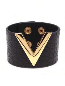 Black Wide V-Shaped PU Leather Bracelet, Punk Style Metal Wristband, Cosplay - Black - View 5