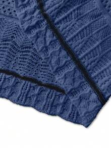 Women's Elegant Soft Minimalist Black & White Striped Sleeveless Fitted Maxi Knit Dress, Casual Beach Hollow Out Bodycon Mid-Length Crochet Swimsuit Cover Up, Spring/Summer/Autumn - Navy Blue - View 7