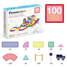 OP-PicassoTiles - Juego de 100 Piezas de Azulejos magnéticos para Pista de Carreras con Coches LED Caminos Ajustables y señales Kit de Juguetes de construcción Stem para niños y niñas de 3 años en