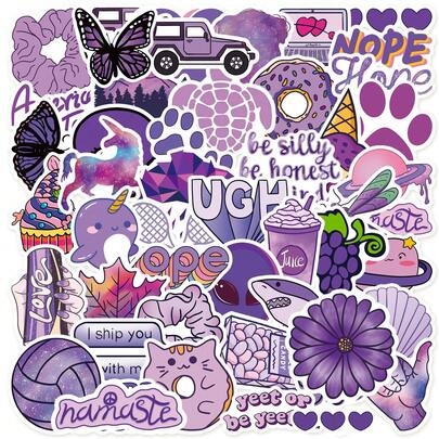 50pcs Purple Mixed Cartoon Stickers, Cute Purple Water Bottle Luggage Notebook Decorative Stickers