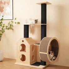 Solid Wood Cat Tree With Exercise Wheel – 80*40*152 Cm. Scratching Post With 4 Platforms, 2 Cat Houses, Sisal Posts & Washable Scratching Mats, Cat Roll, Cat Exercise Wheel, Cat Tree, Cat Climbing Frame - Natural Color - View 2