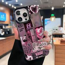 Collage rosa con corazones, música y grafitis. Esta elegante funda es compatible con los modelos  17, 16, 15, 14 Pro Max, 13, 12, 11, XR y XS Plus. Fabricada en silicona TPU, ofrece protección contra golpes y caídas, además de una sensación superior. Es un regalo ideal para familiares, amigos y seres queridos, y una opción perfecta para Año Nuevo. - Negro - Ver 2