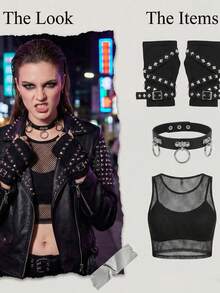 1 par snygga rep-korsade, nitade fingerlösa handskar, punkgotiska korta varma handskar, tillbehör till Halloween-kostym för utomhusbruk - Svart - Visa 4