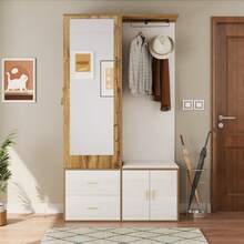 Elegant Wardrobe Set In White And Wood Tones With Mirror, Shoe Cabinet, Shoe Bench With Hooks And Extendable Clothes Rail - White - View 4