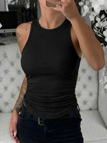 ChicMe Women's Crew Neck Sleeveless Side Ruched Ribbed Tank Top, Fitted Backless Design, Classic & Fashionable, Suitable For Casual Wear All Year Round Black Summer - Black - View 2