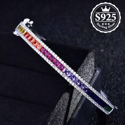 Colorful Gradient S925 Silver Bracelet - Rainbow Gemstone With Full Diamonds, High-Quality Elegant Design, Highlight For Women's Outfits