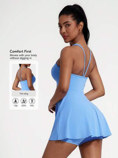 Sodalemon Women's Workout Yoga Dress, Racerback With Padding, Lined Shorts, Fitness Gym Dance Sports Dress