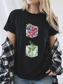 Women'S Comfortable Classic TShirt, Colorful Frozen Fruits Botanical Design Tee, Black Breathable Machine Washable Tops, Perfect For Healthy Lifestyle - màu đen - Xem 1