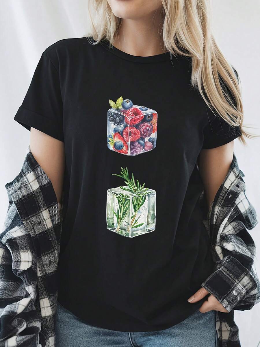 Women'S Comfortable Classic TShirt, Colorful Frozen Fruits Botanical Design Tee, Black Breathable Machine Washable Tops, Perfect For Healthy Lifestyle - màu đen - Xem 1